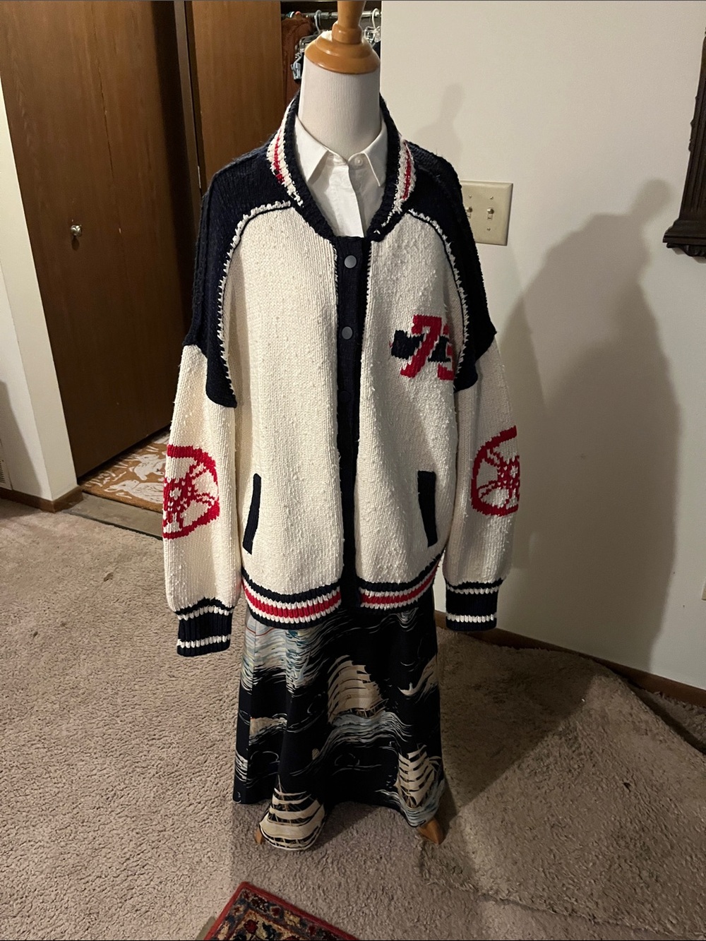 Cream and Navy Varsity Knit Cardigan Sweater pilcro medium but runs large new